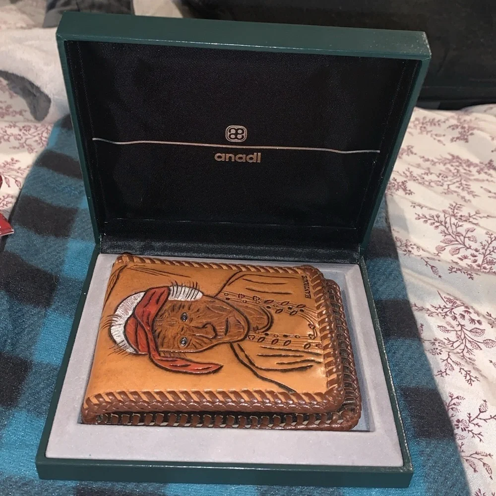 Hand Tooled leather braided Native American wallet with box